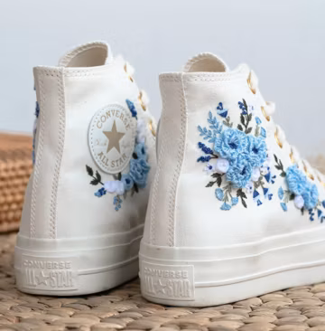 Embroidered Wedding Converse Platform, Wedding Flowers Embroidered Platform Shoes, Bridal Flowers Embroidered Sneakers, Wedding Gifts