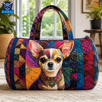 Personalized Cute Chihuahua Quilted Bag, Custom Vintage Dog Pet Handbag, Faux Patchwork Dog Tote, Women Weekend Bag Gift for Dog Lover