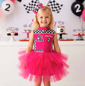 Fuchsia Personalized Race Car Tutu Dress, Pink Racing Birthday Outfit Girl