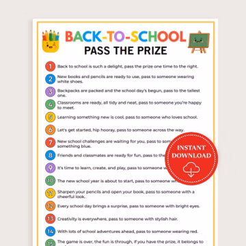 Back to School Pass The Prize Game, First Day Classroom Activity, Fun Icebreaker, Printable PDF