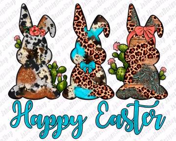 Happy Easter Leopard Cowhide Turquoise Cactus Bunnies Png Sublimation Design, Easter Sublimation Png, Bunny Png,Digital Download