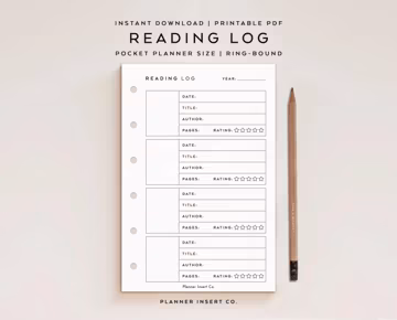 POCKET SIZE // Reading Log Printable Planner Insert, Book Reviews Tracker, Reading Journal, Books To Read, Book Log, Pocket Rings Insert