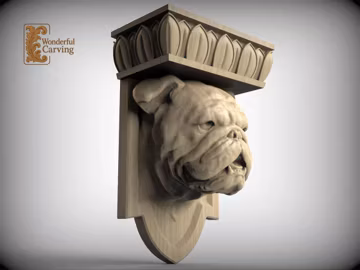 Bulldog Corbel Wood Carving: Handcrafted Bulldog Bust Wall Decor