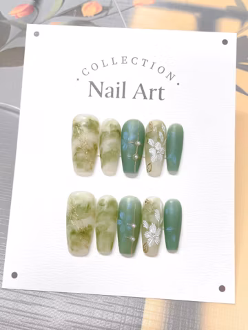 Hand Painted Green Smudge Press On Nails: Floral Artist Faux Nails
