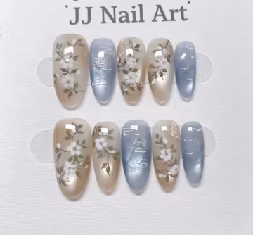 Hand-Painted Flowers French Cat Eye Press On Nails: Reusable Custom Set