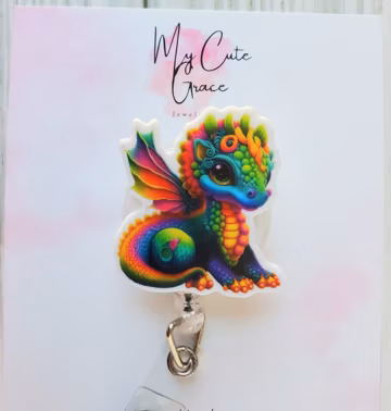 Rainbow Dragon Retractable Badge Reel, Glitter ID Holder