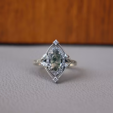 Natural Moss Agate Marquise Leaf Ring, Sterling Silver Crescent Band, Anniversary Gift