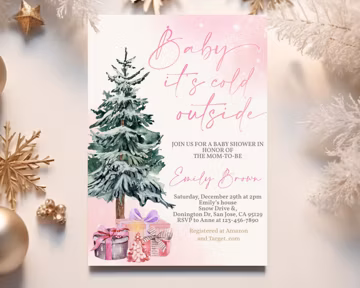 Pink Pine Tree Baby Shower Invitation, It's Cold Outside Invite, Winter Forest EDITABLE BS14P