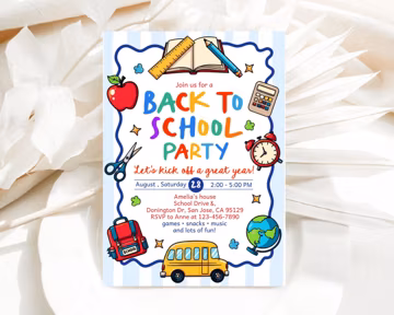 Back to School Party Invitation, First Day of School Invite, Stationery School Bus, Colorful Striped Design, Soft Pastel EDITABLE SU02B