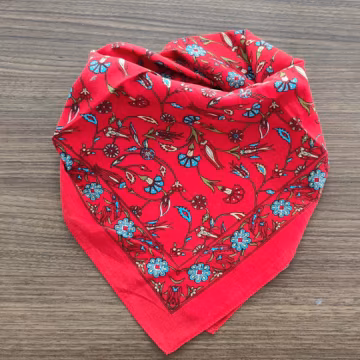 Red Floral Bandana, 100% Cotton Head Scarf, Square Neck Kerchief, Screen Printed Cotton Fabric, Boho Hair Accessory, 21x21 inch