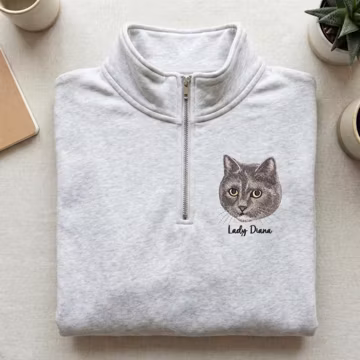 Custom Embroidered Pet Sweatshirt With Name, Dog or Cat Portrait Quarter Zip, Personalized Pet Memorial Pullover, Gift for Pet Parents