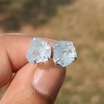 Aquamarine Rough Gemstone Stud Earrings, 925 Silver Studs