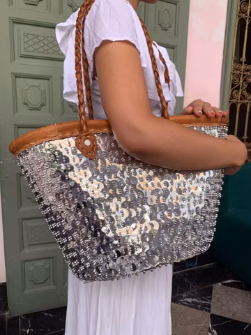 Handmade Moroccan Straw Bag – Silver Sequin Boho Basket Bag – Unique Daily Tote – Market Bag with Leather Handles