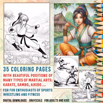 Coloring Books with Beautiful Positions of many types of Martial Arts: Karate, Sambo, Aikido | 35 designs | Printable PDF | A4 and 8.5″x11″