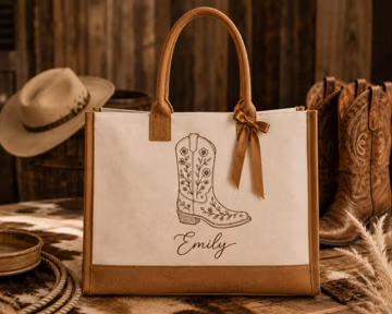 Personalized Western Tote Bag, Custom Cowgirl Boot Canvas Tote, Bridesmaid Gift, Bridal Shower Gift, Western Bride Bag, Cowgirl Tote