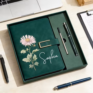 Personalized Birth Flower Notebook & Pen Set, Custom Name Leather Journal Gift, Birth Month Flower Journal for Women, Birthday/Teacher Gift