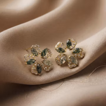 Moss Agate & Moissanite Floral Stud 925 Silver Earring, Handmade Wedding Solitaire Jewelry, Engagement Minimalist Gold Plated Earring Gift