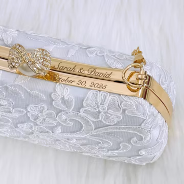 Custom Embroidered Floral Clutch, Bridal Lace Handbag, White Wedding Purse, Bride Gift, Evening Bag for Bride, Engraved Wedding Clutch