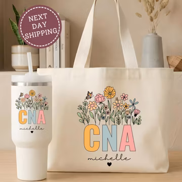 Personalized CNA Floral Tote Bag, CNA Tumbler, Custom Name Nurse Assistant Gift, CNA Appreciation Gift, Nursing Assistant Graduation Gift
