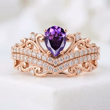 Pear Cut Amethyst Tiara Ring Set, Rose Gold Filigree Bridal Jewelry (8x6 mm)