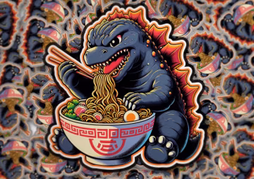 Godzilla Ramen Sticker – Cute Kaiju Noodle Monster Anime Style Vinyl Laptop and Water Bottle Decal