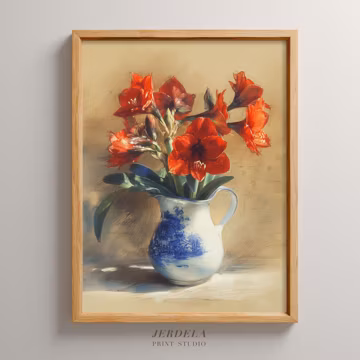 Red Amaryllis Flower Print | Dry Pastel Still Life Art | Vintage Farmhouse Gift, Digital Download