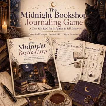 Cozy Bookshop Solo RPG Journaling Game | The Midnight Bookshop | Self Reflection Writing Prompts PDF Download