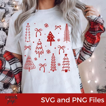 Christmas Tree Coquette Bow SVG, Winter SVG, Christmas Tree PNG, Christmas Clipart, Doodle Tree Svg, Cute Hand Drawn Christmas Trees Png