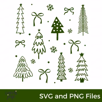 Christmas Tree Coquette Bow SVG, Winter SVG, Christmas Tree PNG, Christmas Clipart, Doodle Tree Svg, Cute Hand Drawn Christmas Trees Png