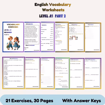 English Vocabulary Worksheets Level A1, English Vocabulary Exercises for Beginners, ESL Vocabulary Practice level A1 Part 2