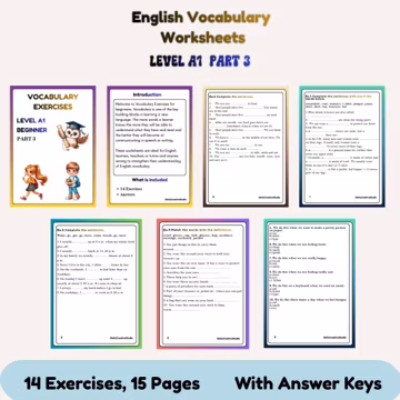 English Vocabulary Worksheets Level A1, English Vocabulary Exercises for Beginners, ESL Vocabulary Practice level A1 Part 3
