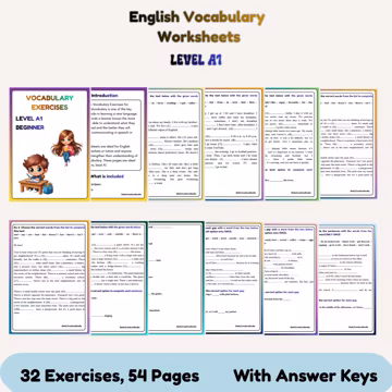 English Vocabulary Worksheets Level A1, English Vocabulary Exercises for Beginners, ESL Vocabulary Practice level A1