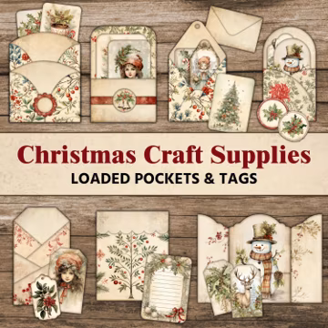 Christmas Junk Journal Kit Pockets Tags Inserts Envelope Folio Winter Junk Journal Vintage Craft Supplies Digital Scrapbook Paper Printables