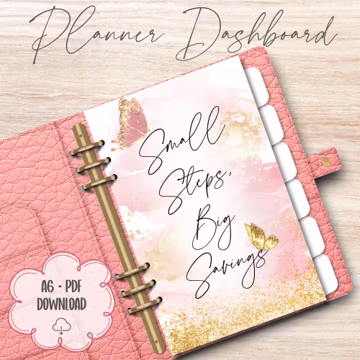 A6 Budget Binder Dashboard Printable | Small Steps Big Savings | Pink & Gold Butterfly Cash Stuffing Planner Divider | Instant Download