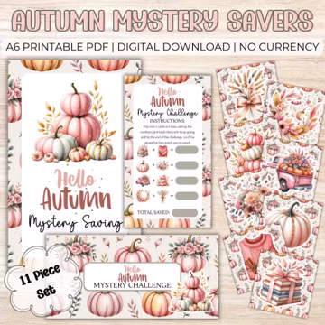 Hello Autumn Mystery Savings Challenge – PDF Fall Flip Card Game | A6 Printable Budget Binder Insert | Fun Cash Stuffing PDF Tracker