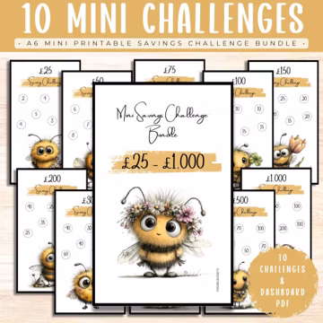 Mini Savings Challenge Bundle – Save 25–1000 Printable Cash Stuffing Challenges, A6 Budget Binder Insert, Bumble Bee Savers UK