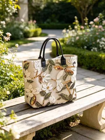 Floral Beaded Linen Tote Handbag Floral Beaded Linen Top Handle Bag Casual Chic Handbag