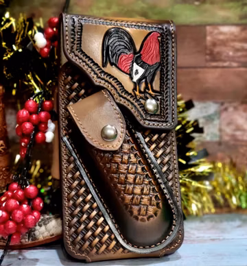Rooster phone holster with knife sheath and belt clip Western phone case genuine Leather handtooled for larger phones basketweave design