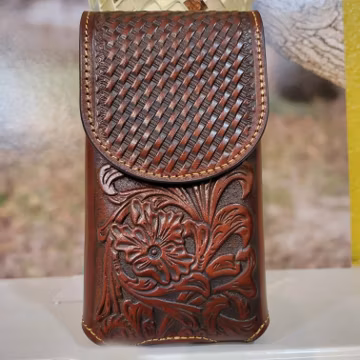 Western Genuine Leather Belt Loop Phone Holster Brown basket weave leaftooled vertical phone case for large phones.