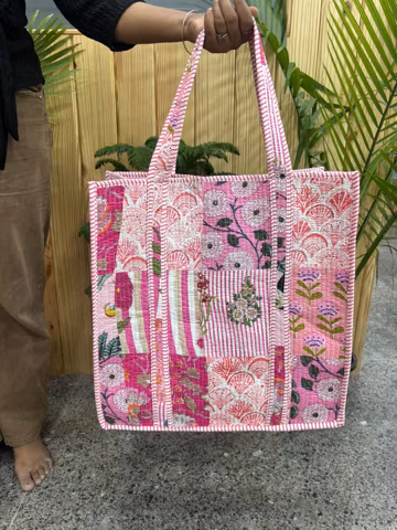 Hand Block Printed Cotton Quilted Tote Bag – Indian Floral Weekend Travel Bag
