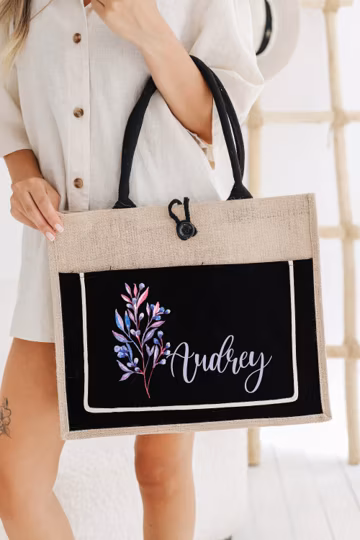 Custom Birth Flower Gift Tote Bag, Mothers Day Gifts, Gift For Her, Bridesmaids Gifts, Gift For Mom, Jute And Canvas Tote, Flower Daily Tote
