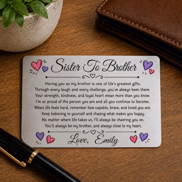 Personalised Sister to Brother Wallet Card, Metal Brother Gift from Sister, Custom Poem Keepsake, Birthday or Christmas Gift