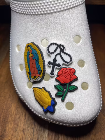 Religious Shoe Charms, Virgin Mary, Rosary, Rose