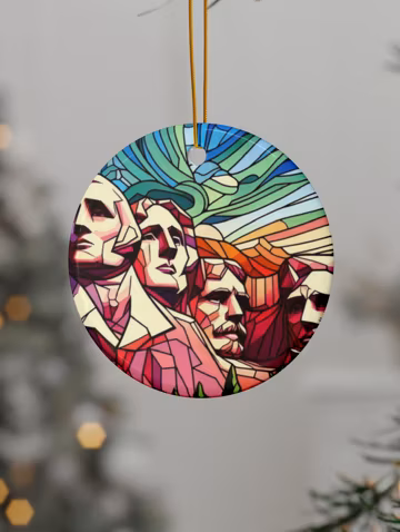 Ceramic Ornaments, Mount Rushmore National Park Patriotic American History Presidents Ornament, Faux Stained Glass Decoration, Travel Hiking