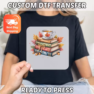 Autumn Book Lover DTF Transfer, Fall Leaves and Tea Design Heat Transfer, Reading Iron-On Decal for Book Enthusiasts