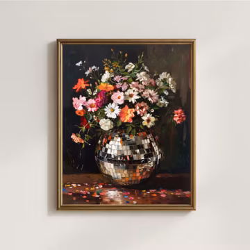 Disco Ball Floral Wall Art, Moody Maximalist Printable Dark Cottagecore, Retro Eclectic Painting, Wildflower Bouquet (Digital Download)