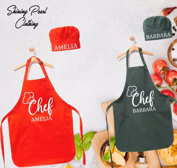 Chef Printed Apron, Printed Kitchen Apron for Women & Men, Personalized Logo Chef Hat and Apron With Pockets, Adult Chef Hat, Custom Apron
