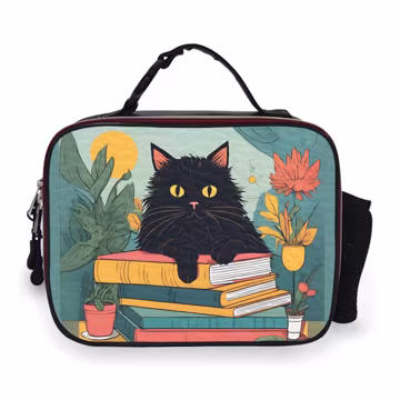 Books Black Cat Lunch Bag | Cute Literary Cat Lunch Tote | Plant Lover Bookish Cat PU Leather Insulated Picnic Bag |