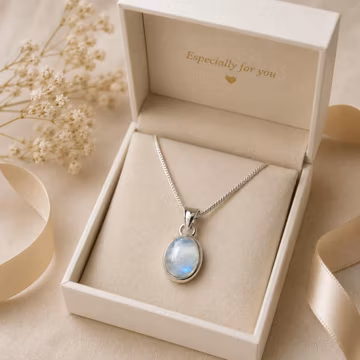 925 Sterling Silver Oval Rainbow Moonstone Pendant Necklace, Blue Flash Cabochon