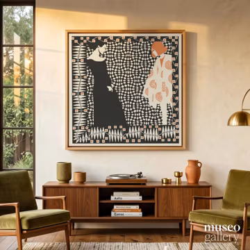 Two Women Figures Canvas | Patterned Geometric Graphic Print | Modernist Square Wall Art